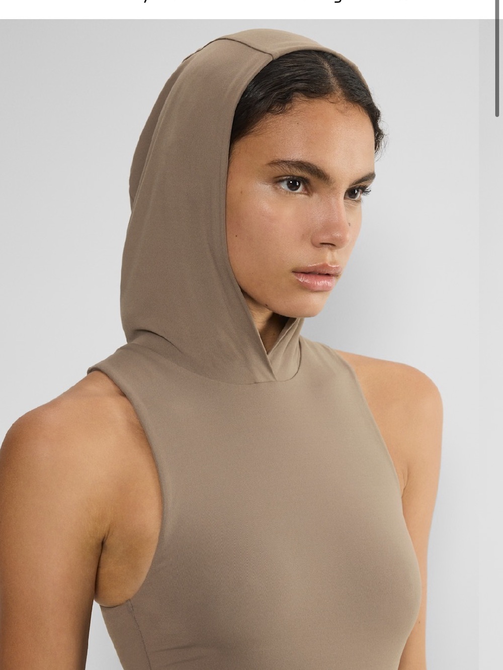 Aritzia Sleeveless Hooded Bodysuit in Taupe